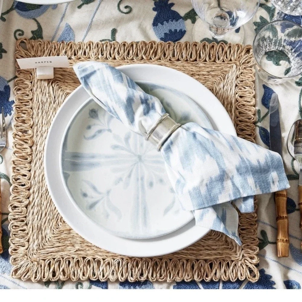 Pottery Barn Chambray Tile Stoneware Salad Plates White Blue Portugal 9